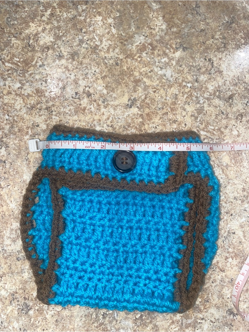 Handmade Crochet Beanie, Diaper Cover & Booties Set - Brown and Bright Turquoise - Picture 6 of 6